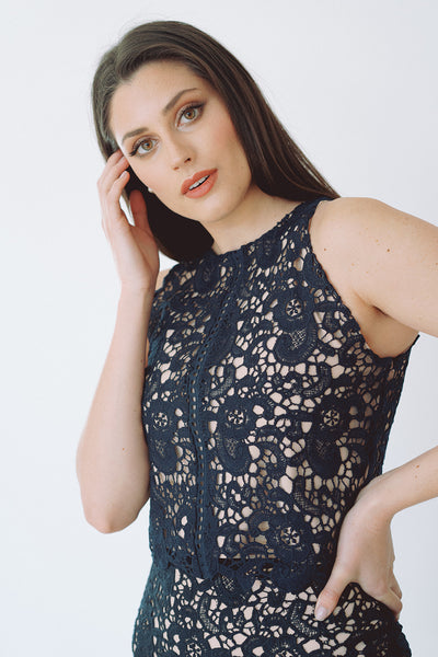 The Bethenny Lace Sleeveless Top in Navy and Nude